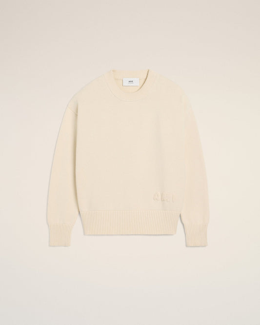 BEIGE COTTON AMI EMBROIDERED CREWNECK SWEATER