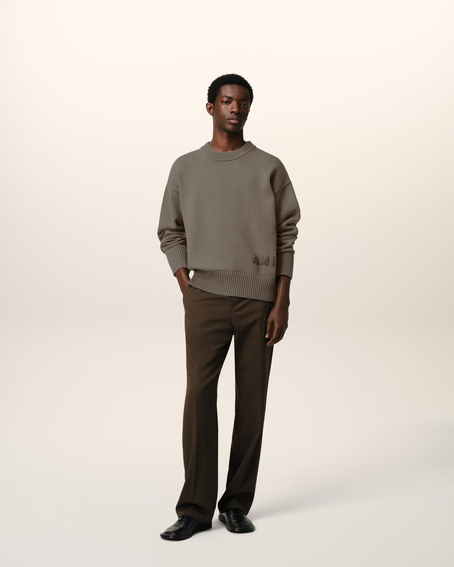 BEIGE COTTON AMI EMBROIDERED CREWNECK SWEATER