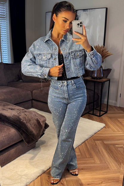 Diamante Rhinestone Jeans Relaxed Oversize Denim Blue